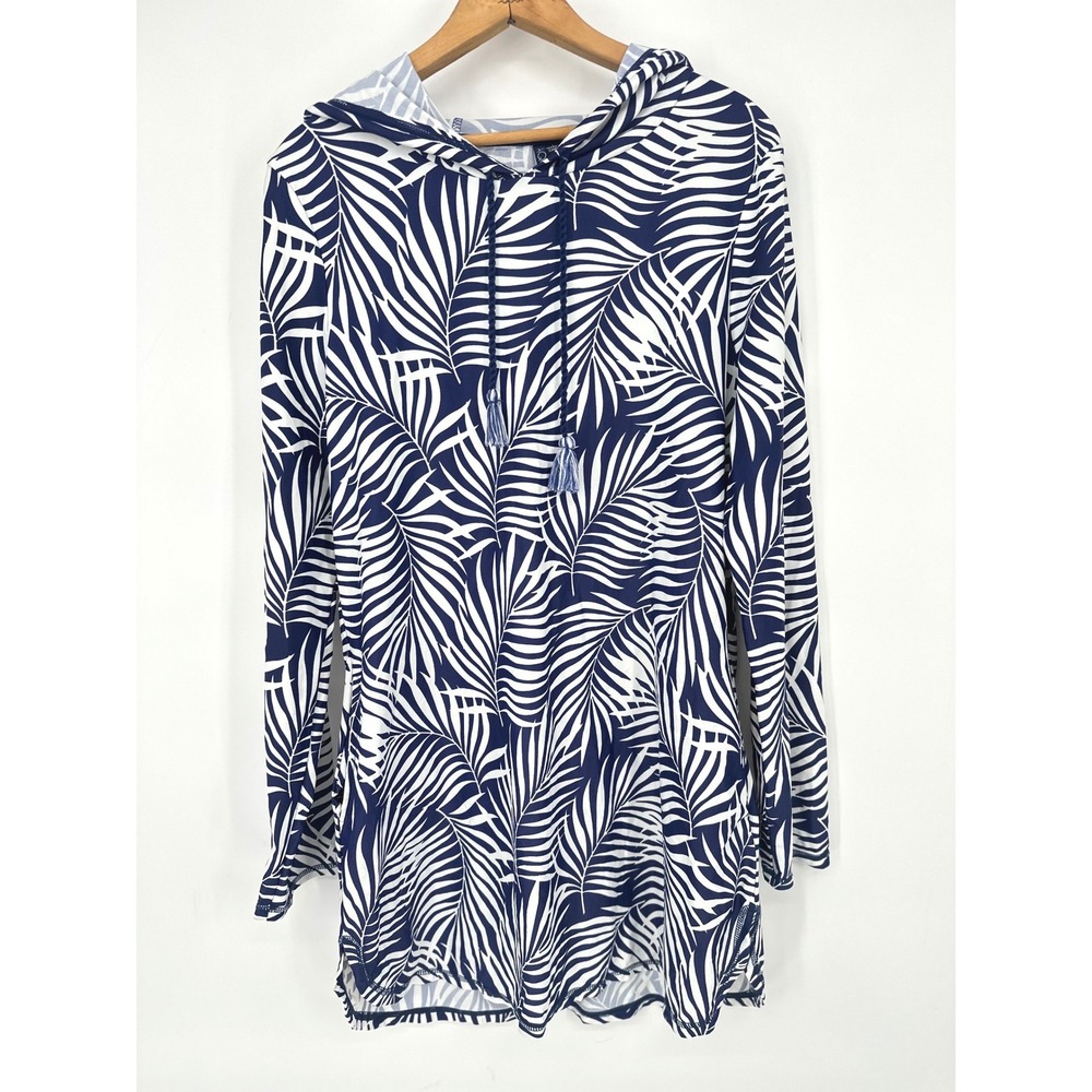 AQUA ET SOL Swim Cover Up Dress Women Large Blue White Palm Print Hooded Tassel
